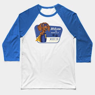 Funny Dachshund Superhero in blue suit Baseball T-Shirt